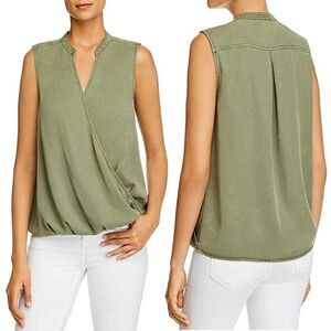 Vince Camuto Top Blouse Womens Size Small Green Sleeveless Faux Wrap Twill Boho